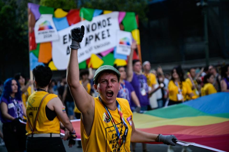 <span>People participate in the Athens Pride parade in Athens on June 15, 2024. </span><div><span>ARIS MESSINIS</span><span>AFP</span></div>