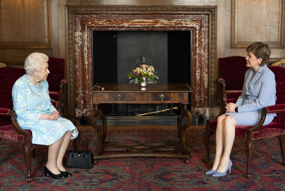 <p>Queen Elizabeth II receives First Minister of Scotland Nicola Sturgeon during an audience at the Palace of Holyroodhouse in Edinburgh, as part of her traditional trip to Scotland for Holyrood Week. Picture date: Tuesday June 29, 2021.</p>
