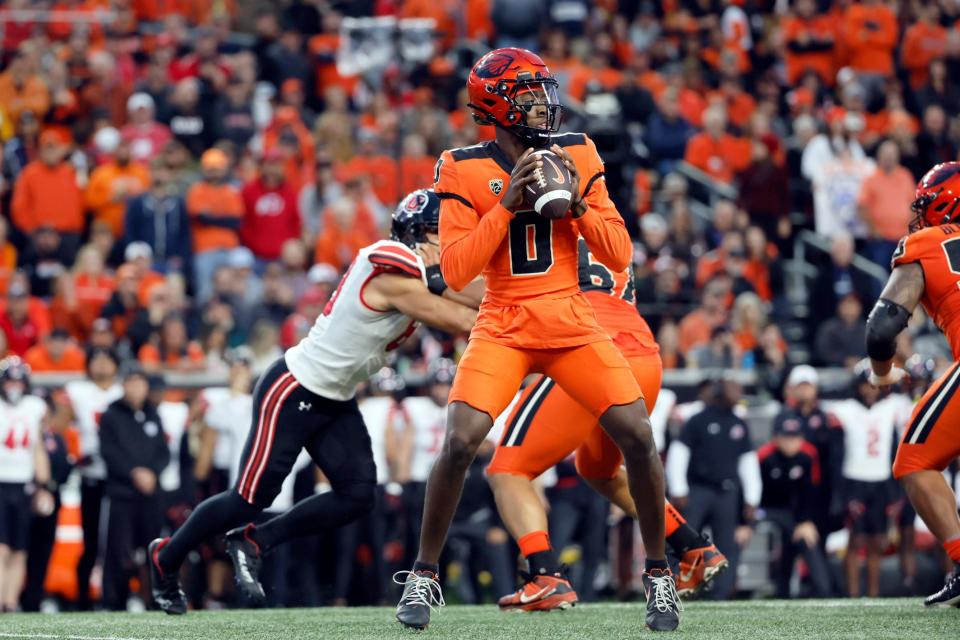 Oregon State Beavers quarterback Aidan Chiles looks to throw during the first half against the Utah Utes at Reser Stadium, Sept. 29, 2023 in Corvallis, Oregon.