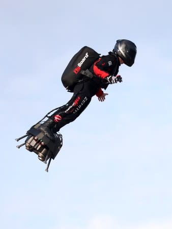 French inventor Franky Zapata takes off on a Flyboard for a second attempt to cross the English channel from Sangatte to Dover, in Sangatte