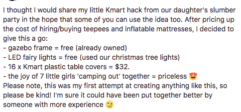 One mum shared her incredible party hack on Facebook using plastic table covers from Kmart. Source: Kmart Mums Australia
