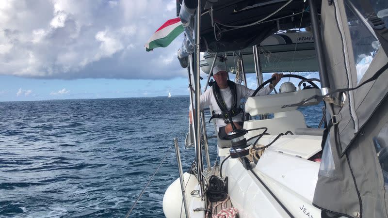 Bosze rides his sailing boat 'Teatime" near Marigot