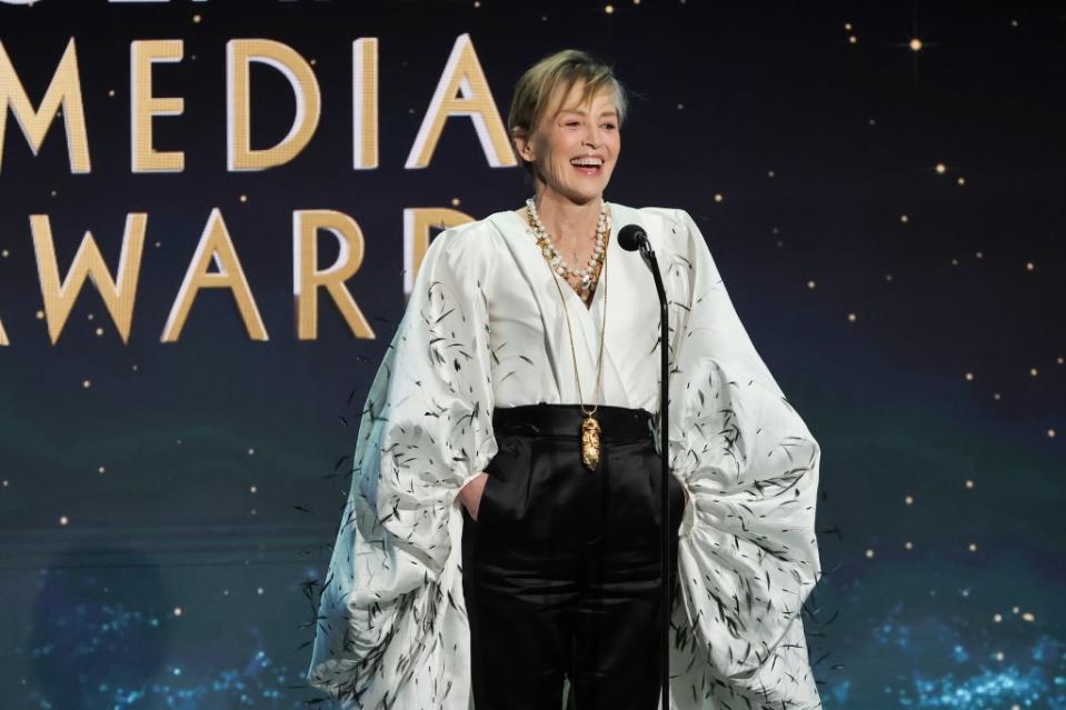 Sharon Stone speaks onstage during the 35th annual GLAAD Media Awards at The Beverly Hilton on March 14, 2024, in Beverly Hills. Getty Images