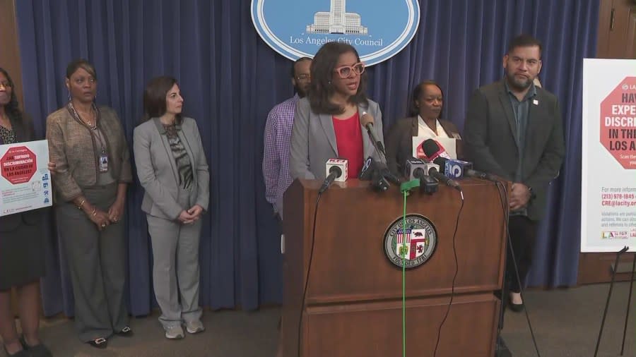 Los Angeles City Councilmember Hugo Soto-Martinez and L.A. Civil Rights Department Executive Director Capri Maddox announced that the city has filed its first citation under Civil and Human Rights law on Mar. 11, 2024. (KTLA)