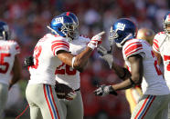 SAN FRANCISCO, CA - NOVEMBER 13: Corey Webster #23 of the New York Giants (L) celebrates with teammates after he intercepted a pass during their game against the San Francisco 49ers at Candlestick Park on November 13, 2011 in San Francisco, California. (Photo by Ezra Shaw/Getty Images)