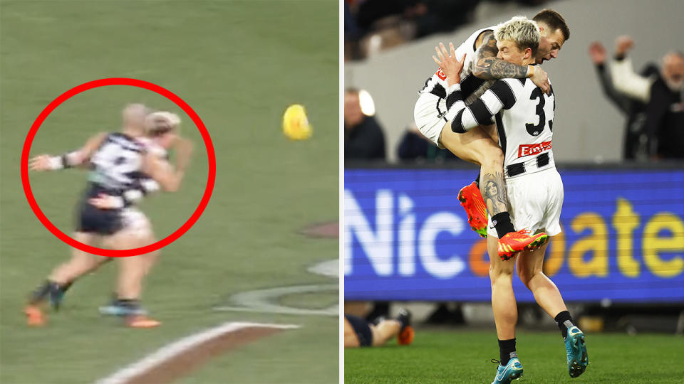 Jack Ginnivan's block on Adam Saad is shown on the left, with Ginnivan and Jamie Elliott celebrating on the right.