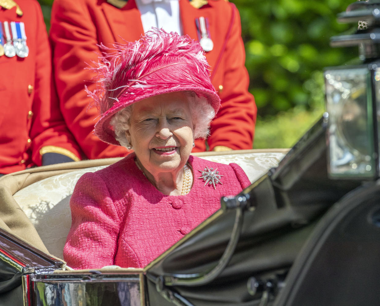 Queen Elizabeth II in her carriage as she heads to Ascot Race course from Windsor Castle for day four of the Royal Ascot meeting. (Photo by Steve Parsons/PA Images via Getty Images)