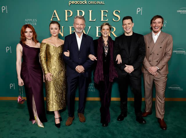 <p>Todd Williamson/Peacock</p> From left: Georgia Flood, Essie Randles, Sam Neill, Annette Bening, Jake Lacy and Conor Merrigan-Turner of 'Apples Never Fall' at the Academy Museum on March 12, 2024