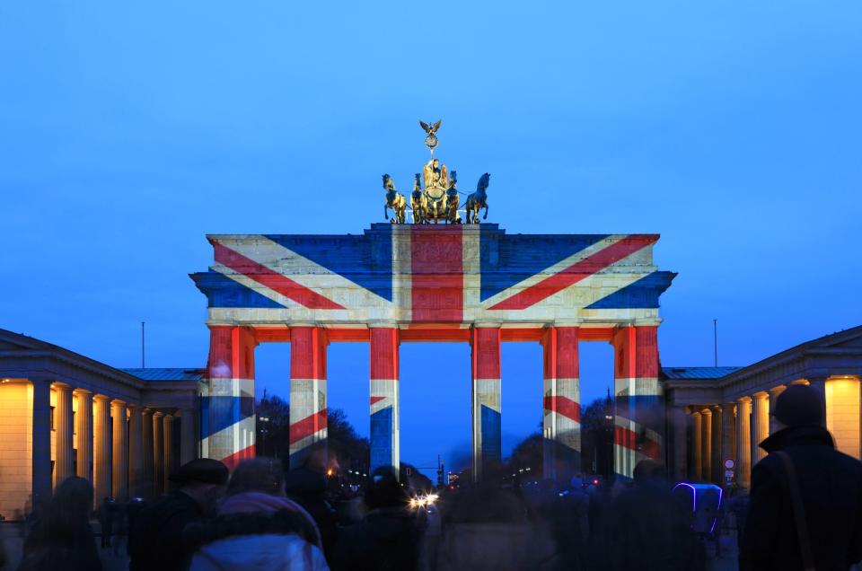 Brandenburg Gate illuminated with British flag to commemorate the London attack victims of March 22/ 2017, on March 23/ 2017 in Berlin, Germany - Copyright: Getty Images 