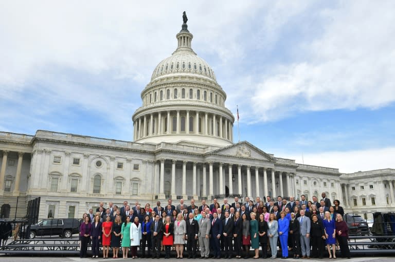 Dozens of members of the freshman class of the US Congress, which will be sworn in on January 3, 2019, gathered for a photograph on the steps of the US Capitol