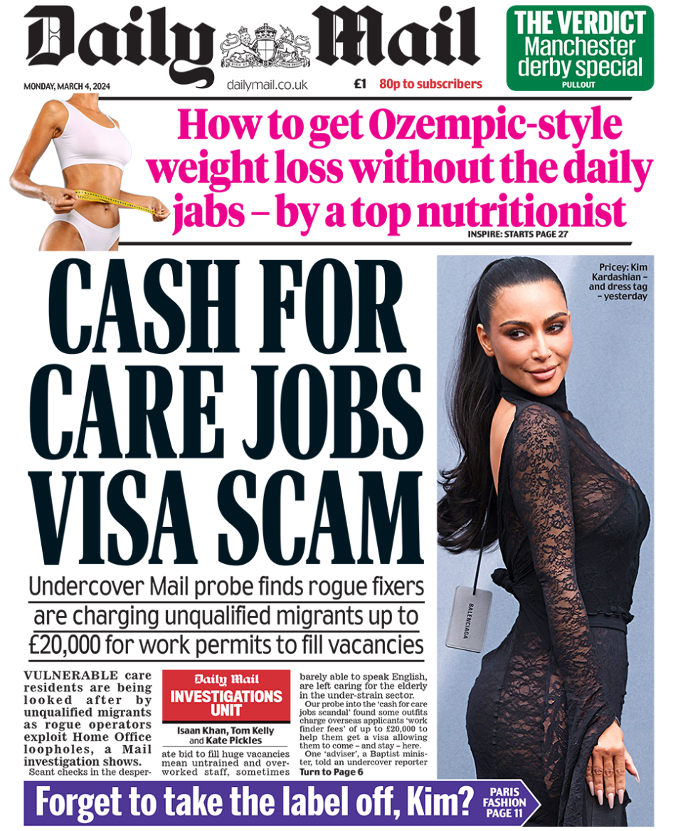 The headline in the Mail reads: "Cash for care jobs visa scam".