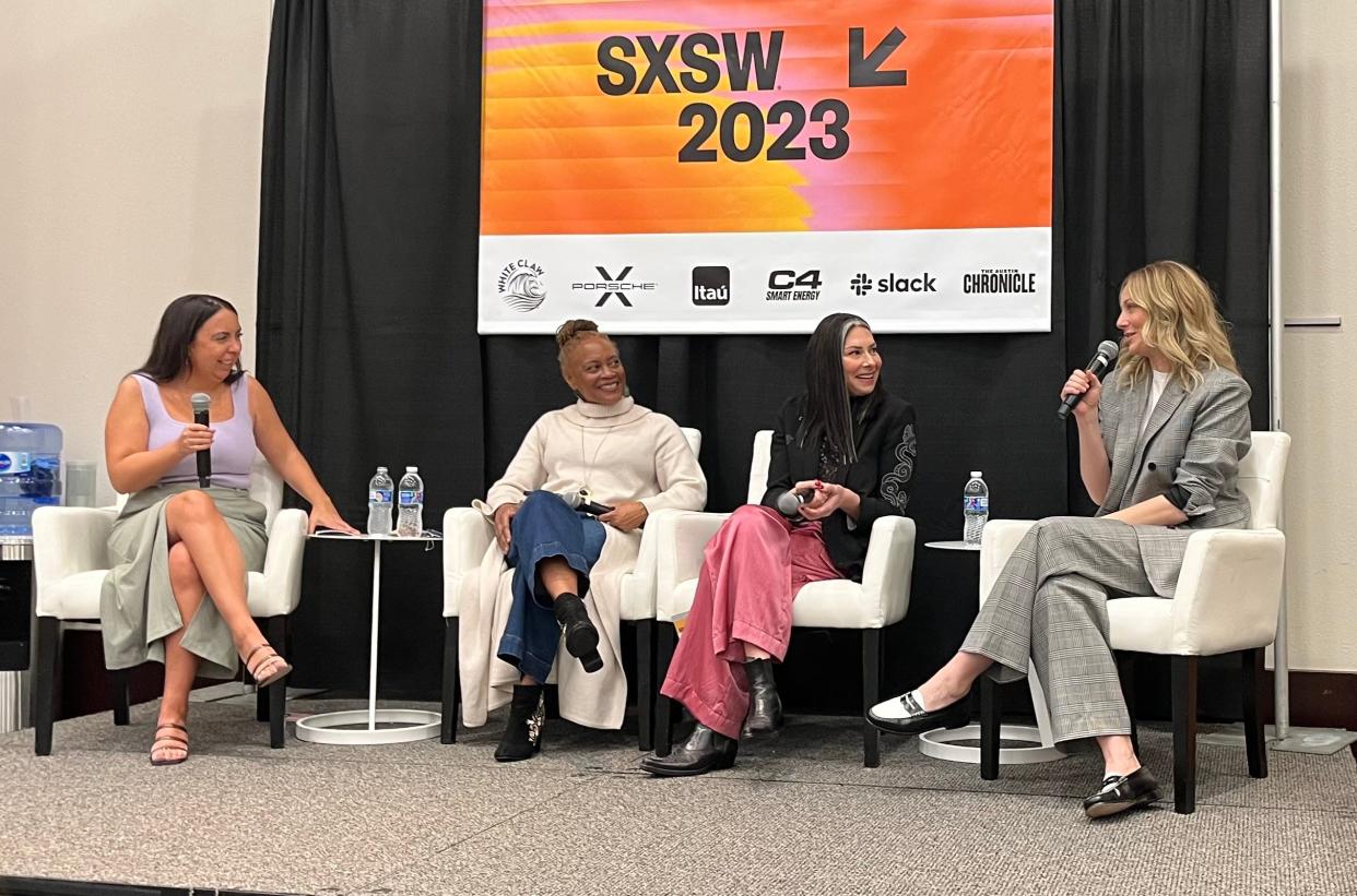 Journalist Samantha Leal, right, investor Tracy Gray, TV star Stacy London and actress Judy Greer talk about menopause and perimenopause at South by Southwest on Saturday.