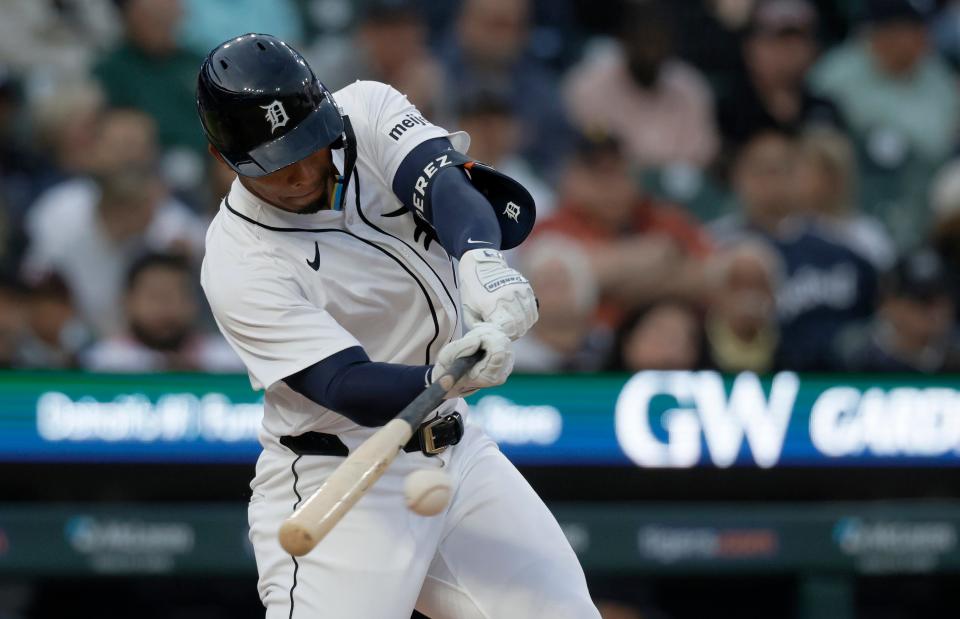 Tigers right fielder Wenceel Perez singles during the sixth inning of the Tigers' 1-0 loss in 10 innings on Tuesday, May 14, 2024, at Comerica Park.