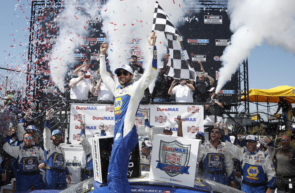 DOVER, DELAWARE - MAY 02: Chase Elliott, driver of the #9 NAPA Auto Parts Chevrolet, celebrates in victory lane after winning the NASCAR Cup Series DuraMAX Drydene 400 presented by RelaDyne at Dover Motor Speedway on May 02, 2022 in Dover, Delaware. (Photo by Sean Gardner/Getty Images)