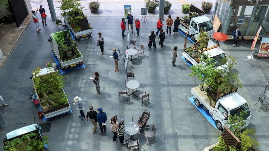 a group of people stand by kei trucks