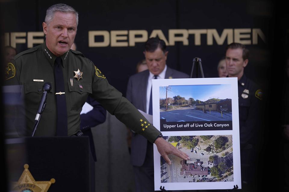 Orange County Sheriff-Coroner Don Barnes comments on the shooting at Cook's Corner, a biker bar in rural Trabuco Canyon, Calif., in Orange County, during a news conference in Santa Ana, Calif., Thursday, Aug. 24, 2023. (AP Photo/Damian Dovarganes)