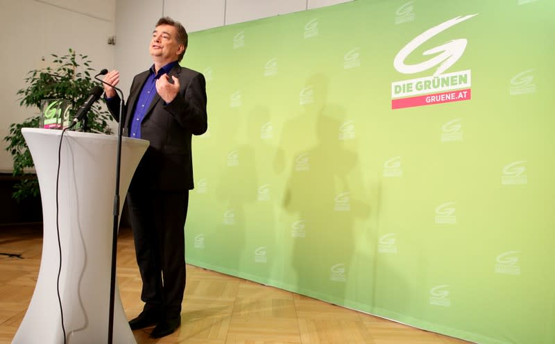 Head of Austria’s Green Party Werner Kogler addresses a news conference in Vienna
