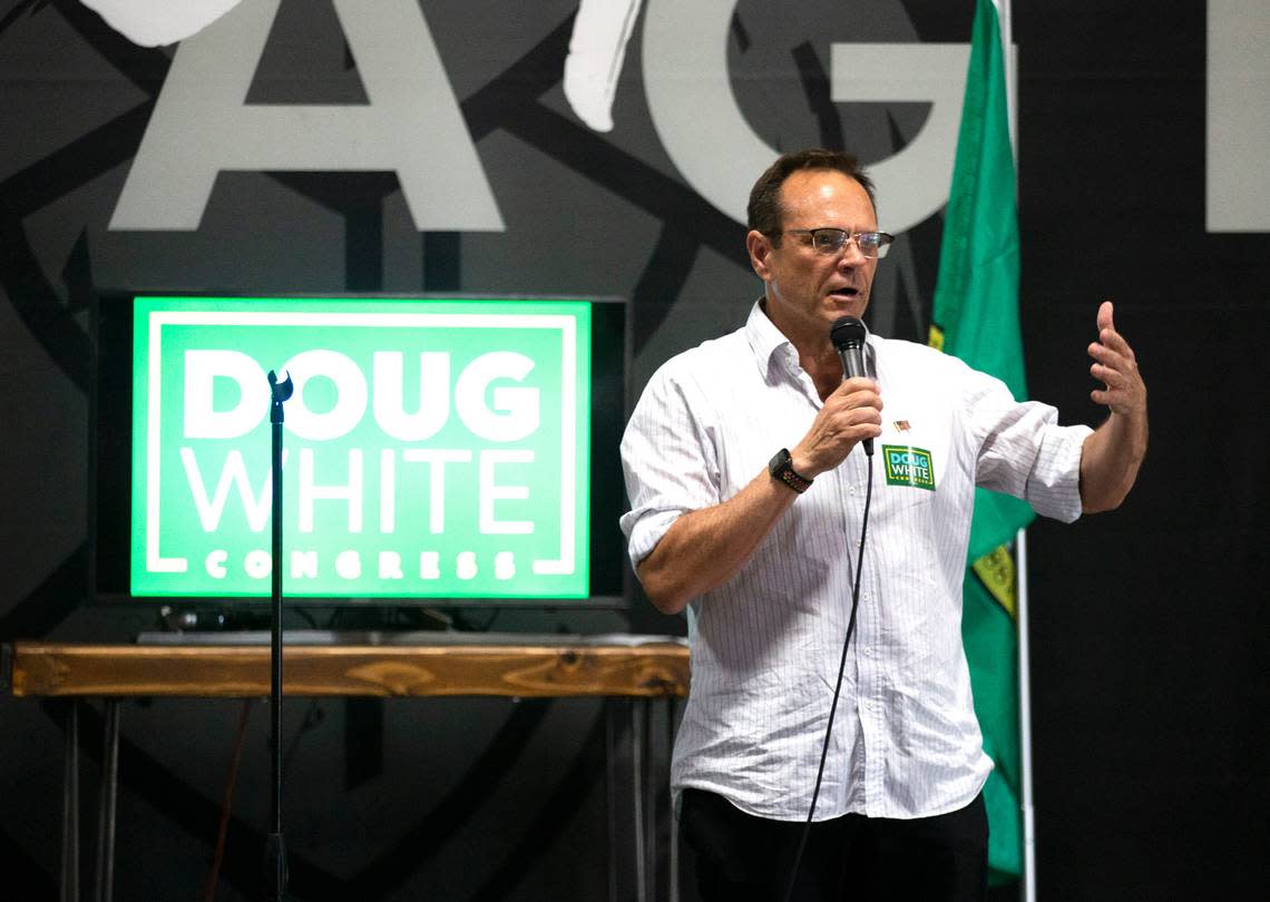 FILE - Doug White speaks to the crowd at his primary election party at Hop Capital Brewing, Aug. 2, 2022, in Yakima, Wash.