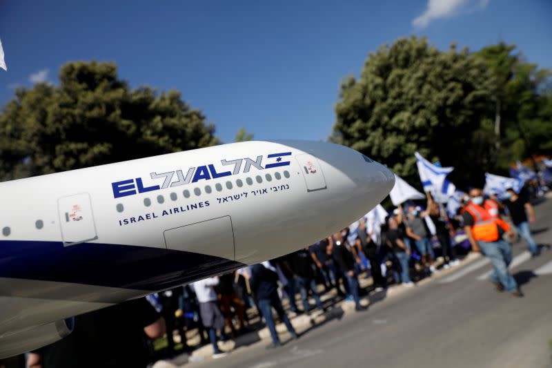 FILE PHOTO: Employees of Israeli flag carrier El Al Airlines take part in a protest asking for recovery plan for the cash-strapped airline that has been grounded due to the coronavirus disease (COVID-19) outbreak, near the Finance ministry in Jerusalem