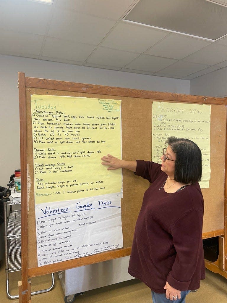 In the kitchen of Highland Church of Christ in Abilene, Becky Almanza outlines daily volunteer duties to keep everyone organized and ready to serve the community.