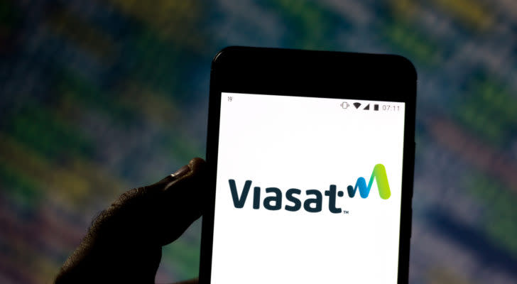 An image of a phone cropped to display the logo for Viasat, Inc. (VSAT)