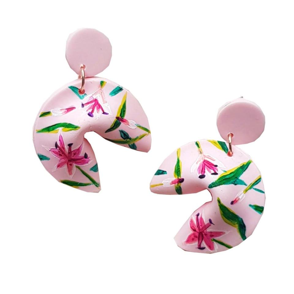 15) Emily Laura Designs Pastel Pink Lily Flower Clay Fortune Cookie Earrings