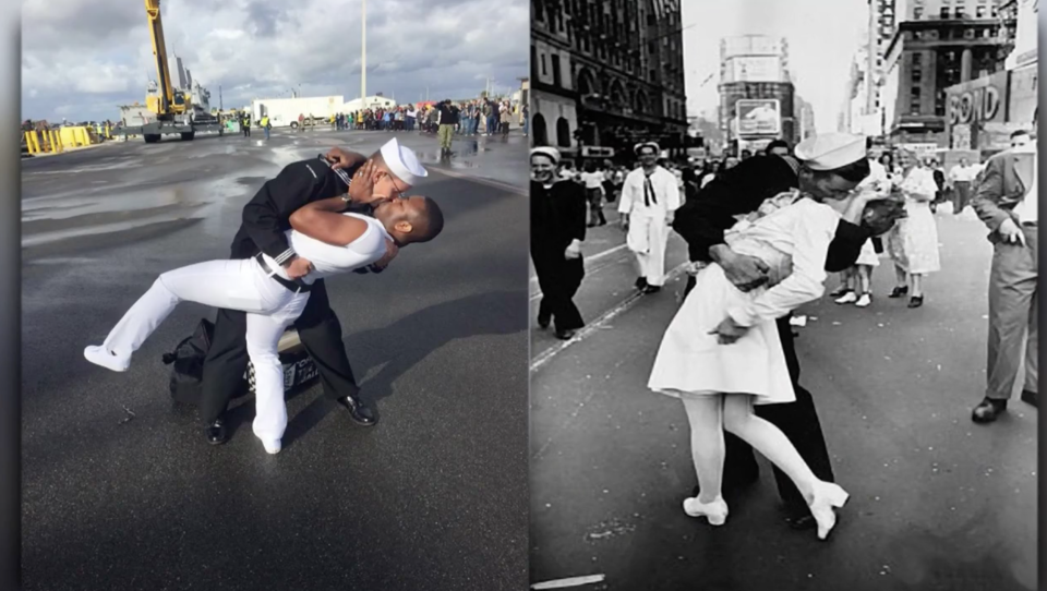 Kenneth and Bryan Woodington re-created the photo taken by Alfred Eisentaedt in 1945 of a sailor kissing a nurse. (Screenshot: News 4 Jax).