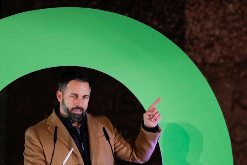 FILE PHOTO: Santiago Abascal, leader of Spain's far-right party VOX, attends a campaign closing rally ahead of the general election, at Colon square in Madrid