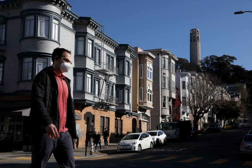 SAN FRANCISCO, CA - FEBRUARY 10: Coit Tower in the background along Filbert St. on Wednesday, Feb. 10, 2021 in San Francisco, CA. San Francisco rents have gone down during the COVID-19 pandemic that tenants in East Bay communities - Oakland, Berkeley, etc. - are moving to San Francisco because it's more affordable. (Gary Coronado / Los Angeles Times)