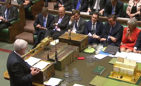 A still image from video shows Britain's shadow Chancellor of the Exchequer John McDonnell after throwing Mao's Little Red Book towards the Conservative Party front bench, after Chancellor George Osborne delivered the Autumn Statement to Parliament in London, Britain November 25, 2015.