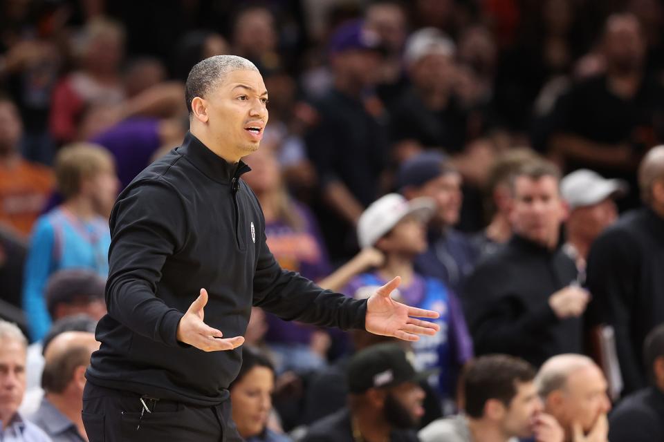 Head coach Tyronn Lue of the Los Angeles Clippers reacts during Game 1 of the Western Conference First Round Playoffs against the Phoenix Suns at Footprint Center in Phoenix on April 16, 2023.