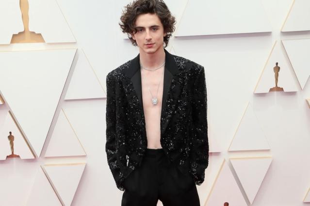 Timotheé Chalamet Goes Shirtless in Sparkling Blazer & Boots at Oscars –  Footwear News