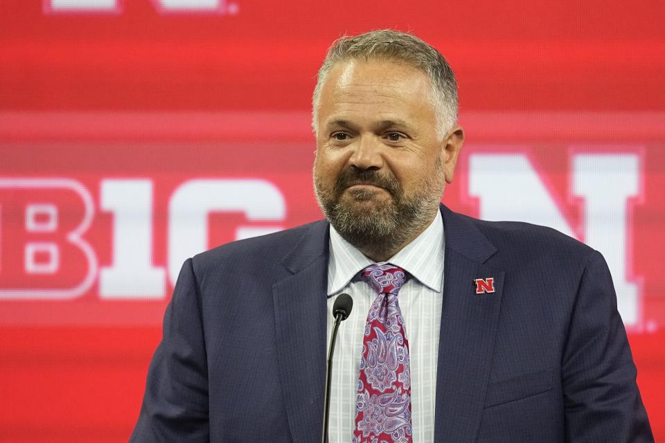 FILE - Nebraska head coach Matt Rhule speaks during an NCAA college football news conference at the Big Ten Conference media days at Lucas Oil Stadium, Thursday, July 27, 2023, in Indianapolis. Rhule, the former Carolina Panthers coach, begins his first season at Nebraska. His charge is to rebuild a program that has not had a winning season since 2016. (AP Photo/Darron Cummings, File)