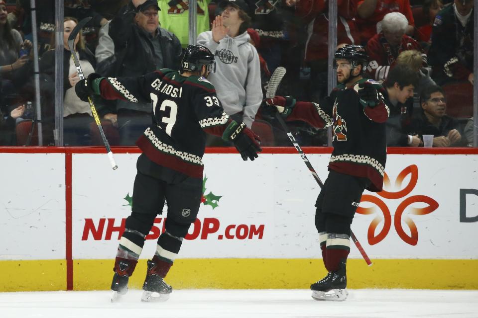 Arizona Coyotes defenseman Alex Goligoski (33) celebrates his goal against the New Jersey Devils with Coyotes right wing Vinnie Hinostroza, right, during the first period of an NHL hockey game, Saturday, Dec. 14, 2019, in Glendale, Ariz. (AP Photo/Ross D. Franklin)