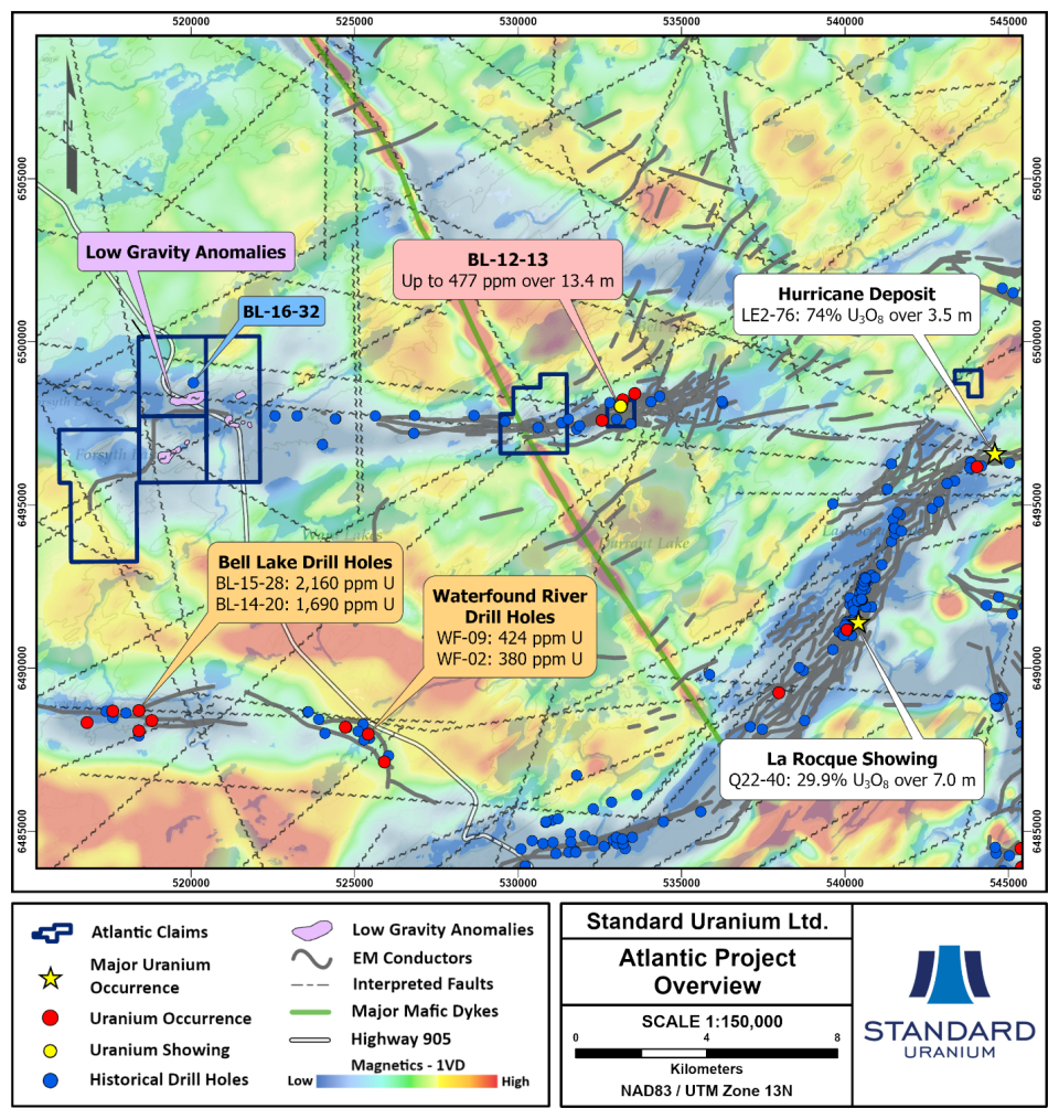 Regional summary map of the Atlantic Project highlighting nearby uranium occurrences, historical drill holes, geophysical anomalies, and EM conductors.