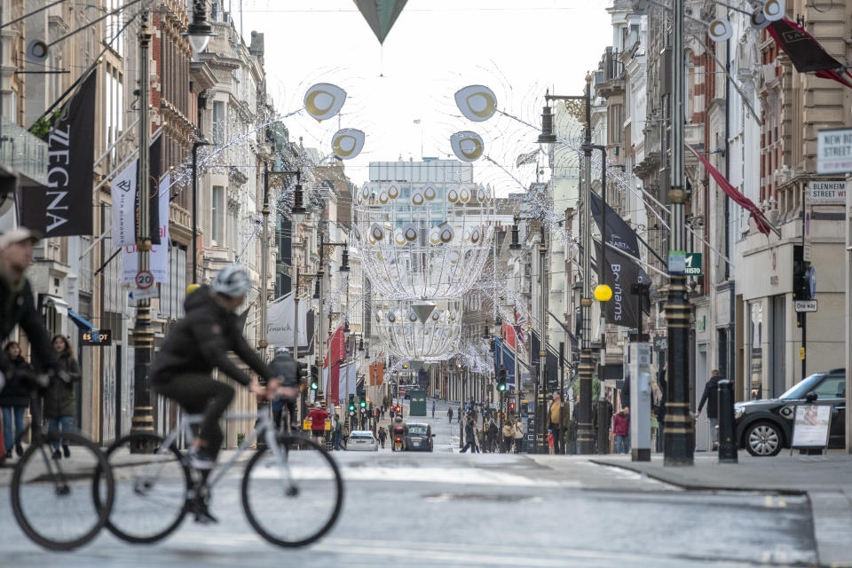 Old Bond Street quiet as new lockdown restrictions came into effect on December 20 in London, England. Source: Getty