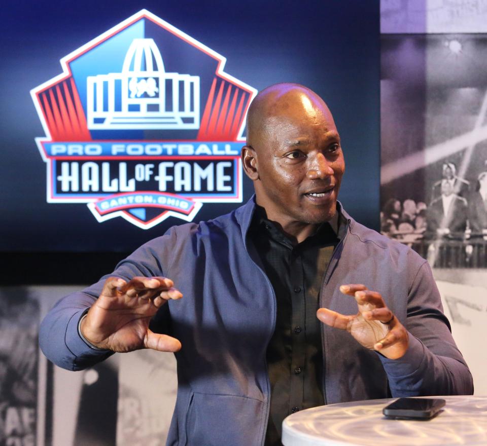 Bryant Young speaks to the media at the Pro Football Hall of Fame in Canton on Monday, March 7, 2022. Young is a member of the Class of 2022.