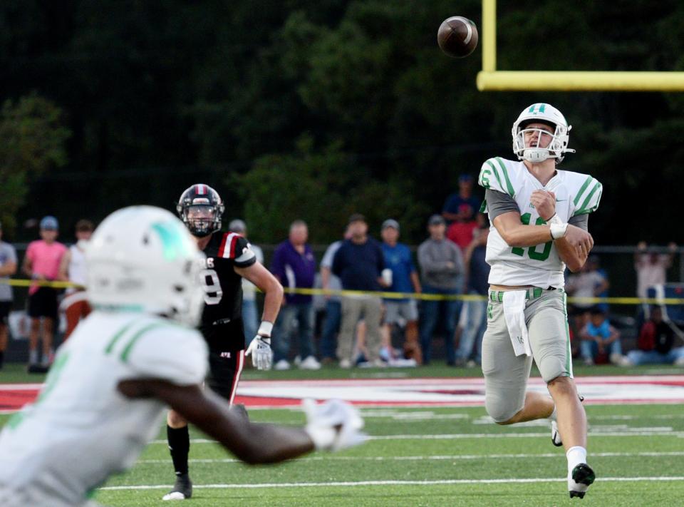 Arch Manning of Isidore Newman throws a pass in Friday night's game at Many on Sept. 23, 2022.