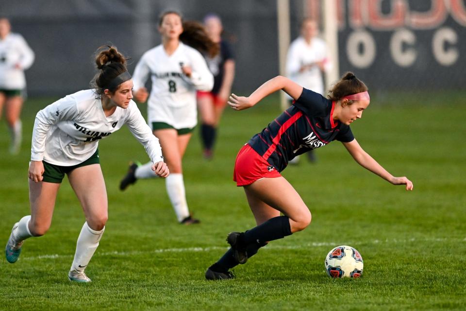 Mason's Katie Longpre, right, moves past Williamston's Sydney Eiler during the second half on Wednesday, May 3, 2023, in Mason.