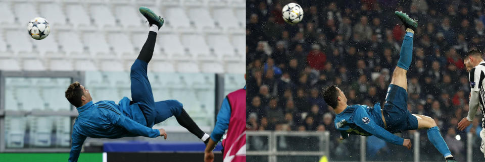 Cristiano Ronaldo in training on Monday (left) vs. in Tuesday’s Champions League game against Juventus. (Photos: Getty | Side-by-side: Yahoo Sports)