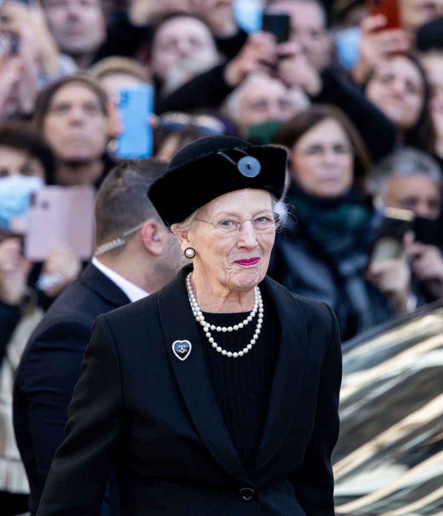 <p>Queen Margrethe wore a pearl necklace to attend the funeral of her late brother-in-law. (Margrethe's sister is Anne-Marie.) </p>