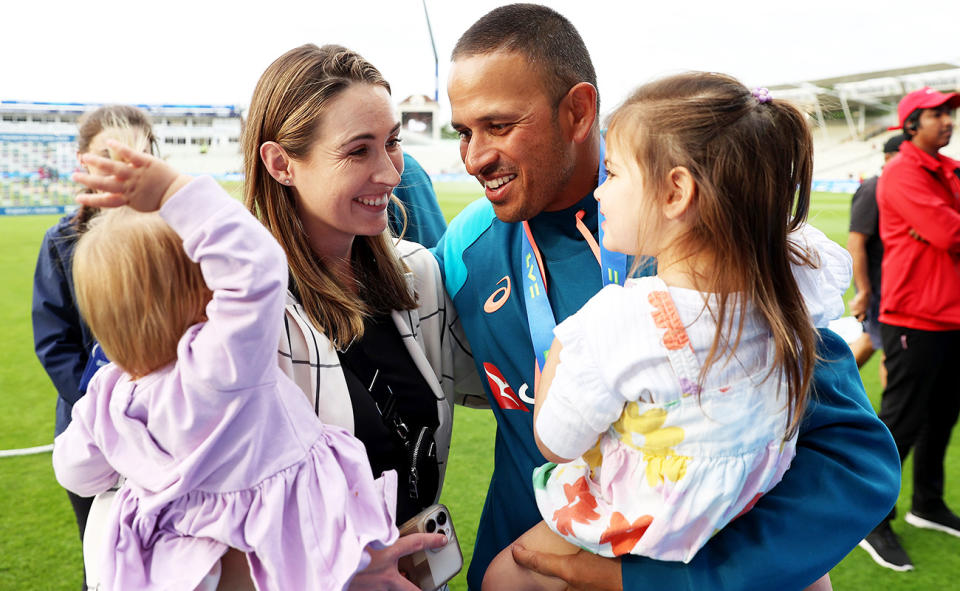 Usman Khawaja, pictured here with his wife and daughters.