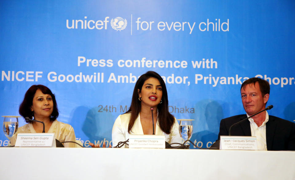 UNICEF Goodwill Ambassador Priyanka Chopra speaks at a news conference in Dhaka, Bangladesh, on May 24, 2018. (Photo: NurPhoto via Getty Images)