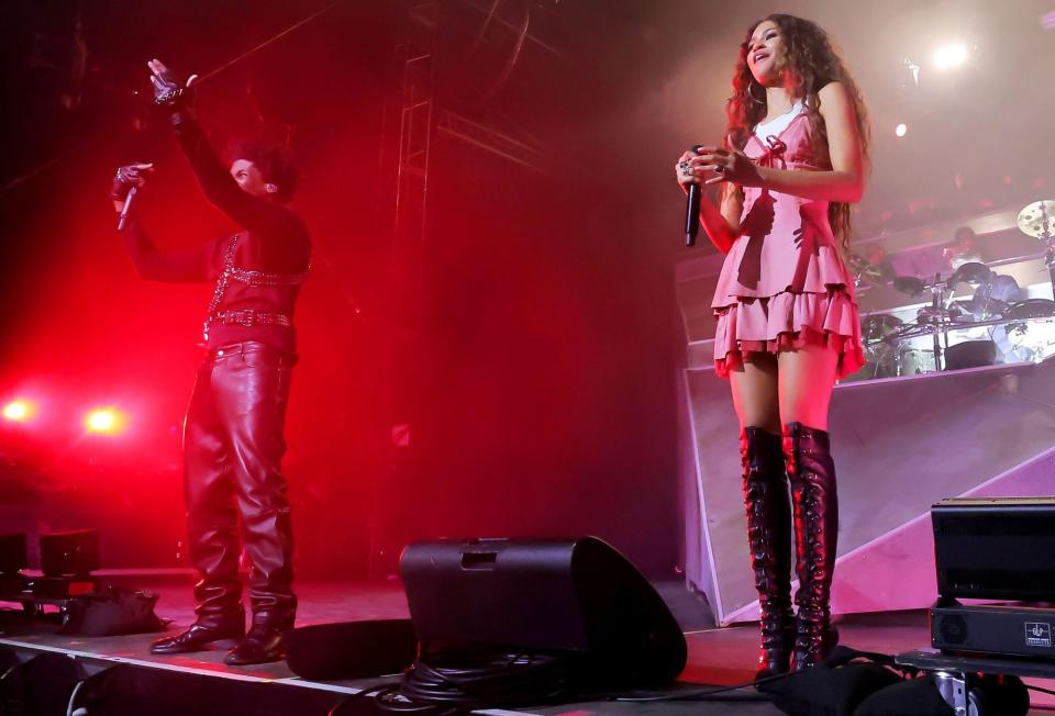 INDIO, CALIFORNIA - APRIL 22: Zendaya (R) performs with Labrinth at the Mojave Tent during the 2023 Coachella Valley Music and Arts Festival on April 22, 2023 in Indio, California. (Photo by Michael Loccisano/Getty Images for Coachella)