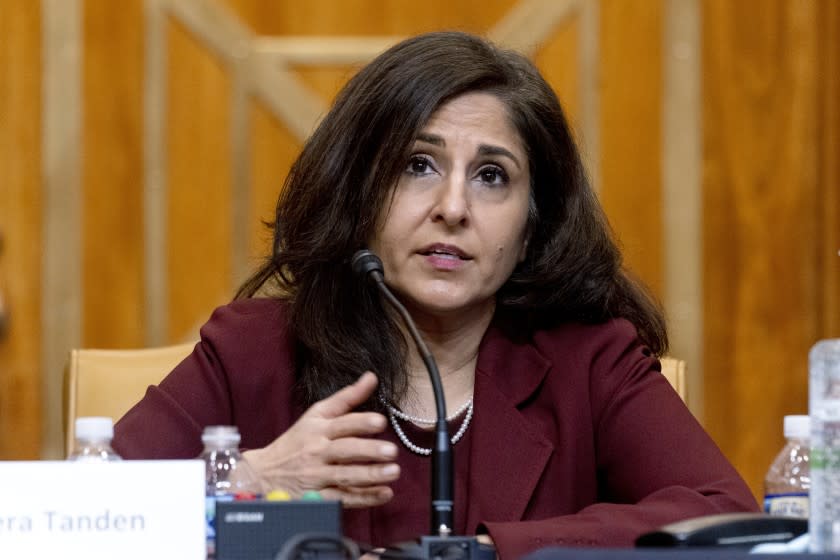 FILE - In this Feb. 10, 2021 file photo, Neera Tanden, President Joe Biden's nominee for Director of the Office of Management and Budget (OMB), testifies during a Senate Committee on the Budget hearing on Capitol Hill in Washington. Moderate Republican Sen. Susan Collins of Maine says she'll vote against confirming President Joe Biden's nomination of Neera Tanden to lead the White House Office of Management and Budget. Collins' announcement Monday throws Tanden's confirmation further into doubt. On Friday, Sen. Joe Manchin of West Virginia became the first Democratic lawmaker to oppose Tanden's confirmation. (AP Photo/Andrew Harnik, Pool)