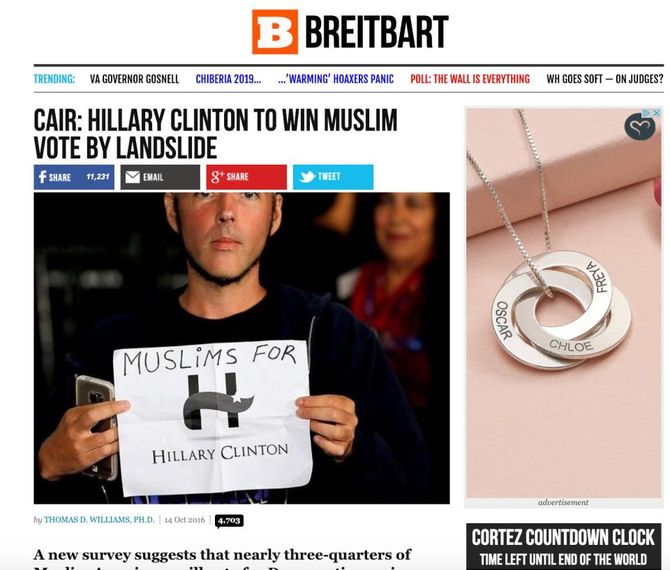 Riches appears in Breitbart as a fake Muslim for Clinton. (Photo: Breitbart)
