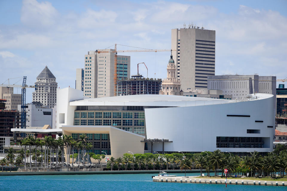 MIAMI, FLORIDA - MAY 08: A general view of the AmericanAirlines Arena is seen on May 08, 2020 in Miami Florida. According to reports the Miami Heat are looking to possibly reopen their facilities at the arena on May 11.  (Photo by Cliff Hawkins/Getty Images)