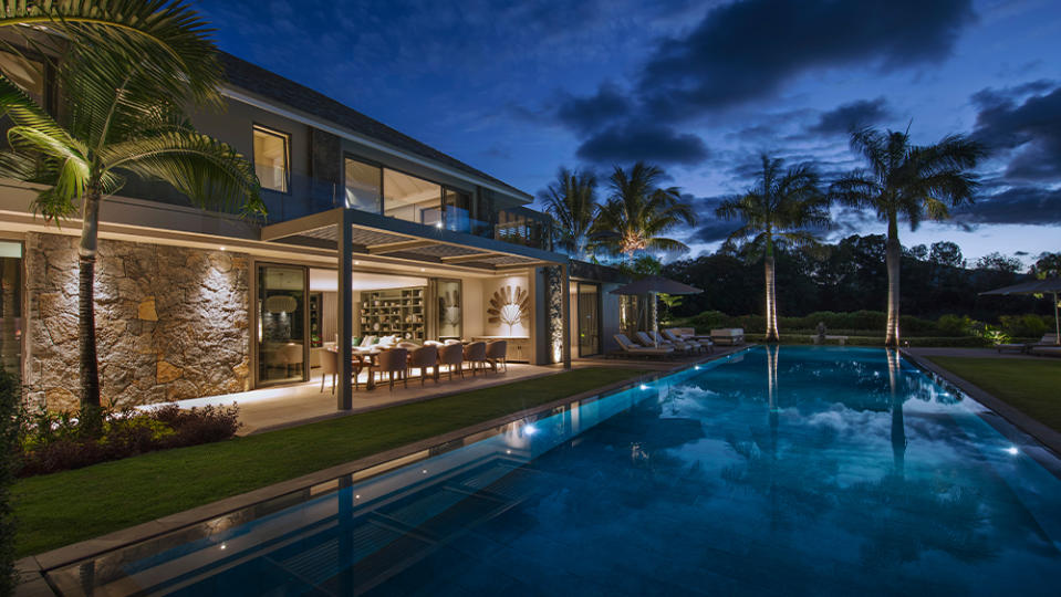 The pool area at sundown.