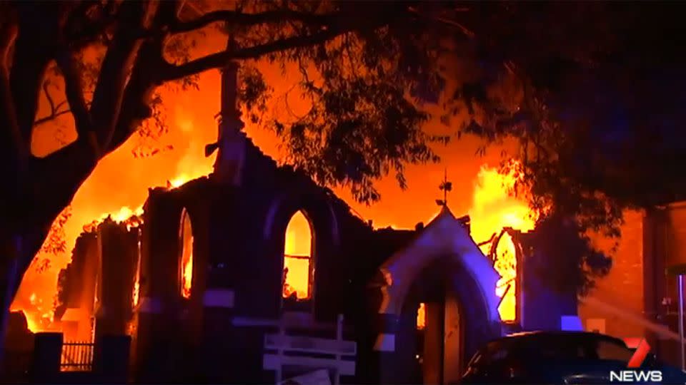 Firefighters battled a ferocious blaze that engulfed a church in Sydney's south overnight. Photo: 7 News