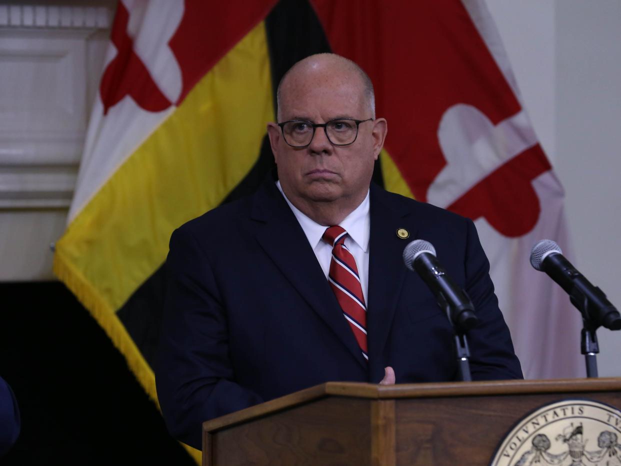 ANNAPOLIS, MARYLAND - JUNE 09: Governor Larry Hogan speaks at a press conference at Maryland State House on June 09, 2022 in Annapolis, Maryland. According to reports, three people were killed and four wounded after a gunman opened fire at the Columbia Machine manufacturing facility on June 9th in Smithsburg, Maryland. The suspect was later captured after a shootout with state troopers approximately 5 miles from the manufacturing facility. (Photo by Brian Stukes/Getty Images)